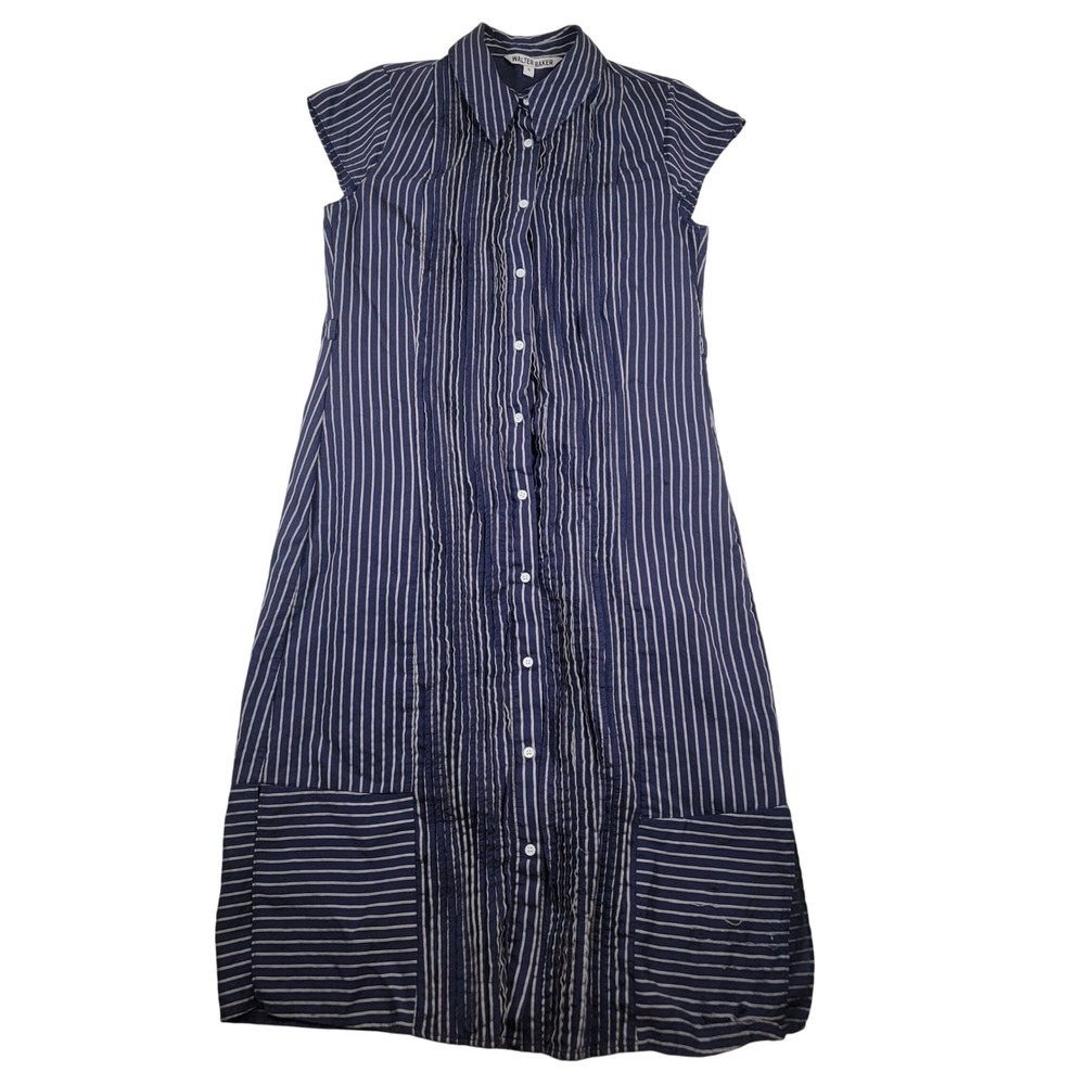 Walter Baker Button Front Midi Dress Women's Sz Small Blue White Striped‎ FLAWED